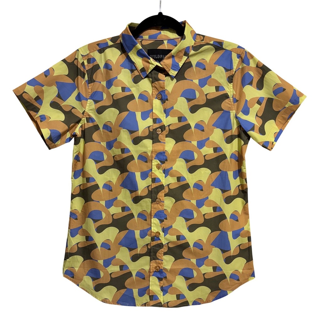 Wildfang Button Up Shirt Medium Yellow Blue Abstract Graphic Essential Short Slv